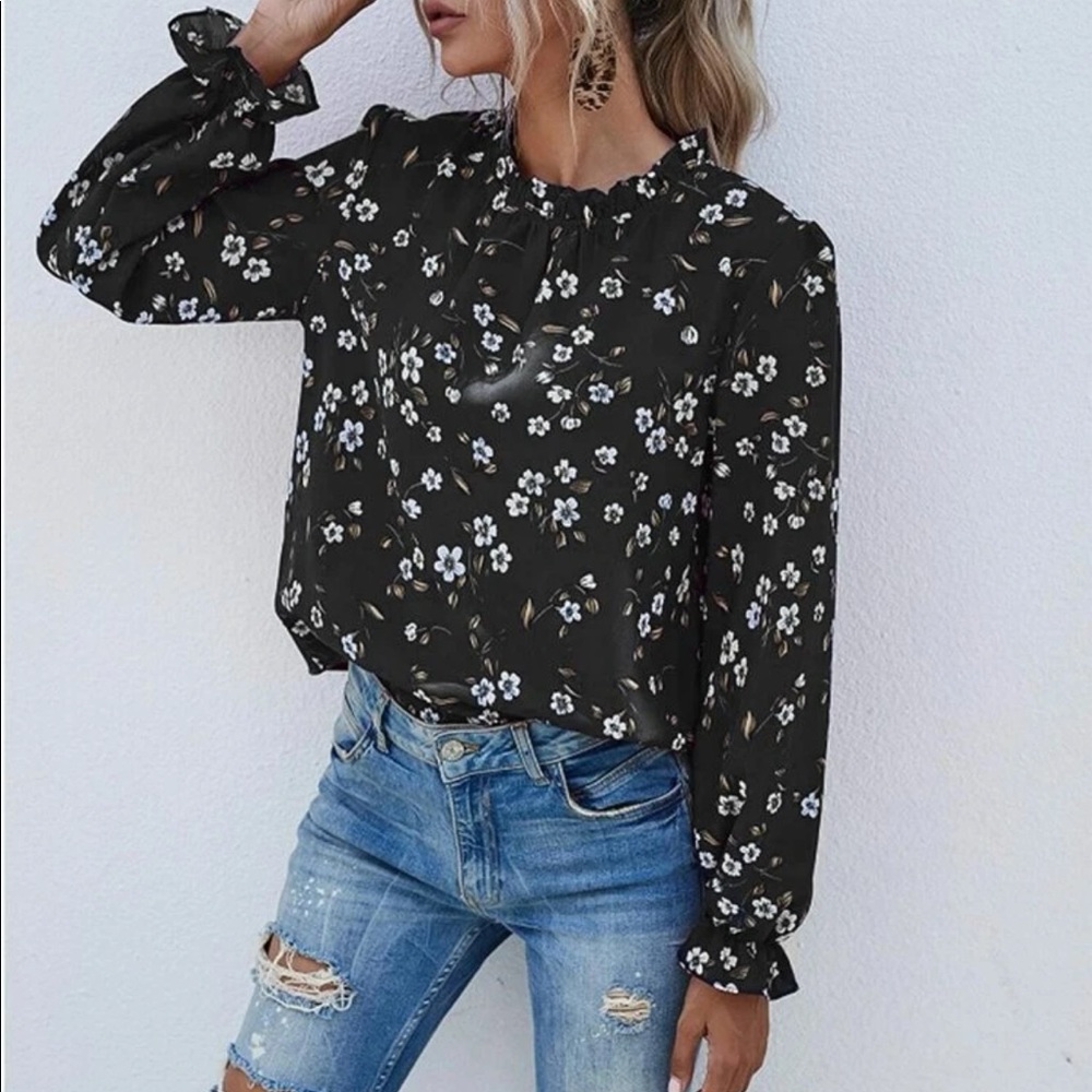 Boho floral print frill neck flounce  sleeve blouse fall